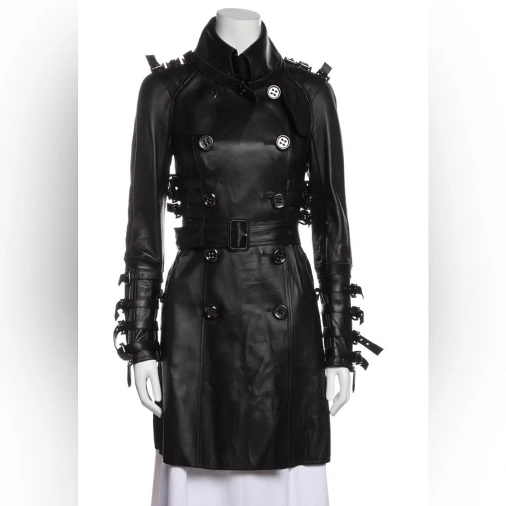 Burberry soft black leather motorcycle trench coat with strap buckles size small - Picture 4 of 6